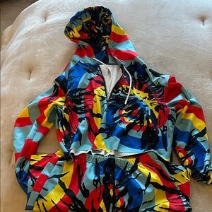 Colorful Abstract Print Hoodie Set - Bright Multi
